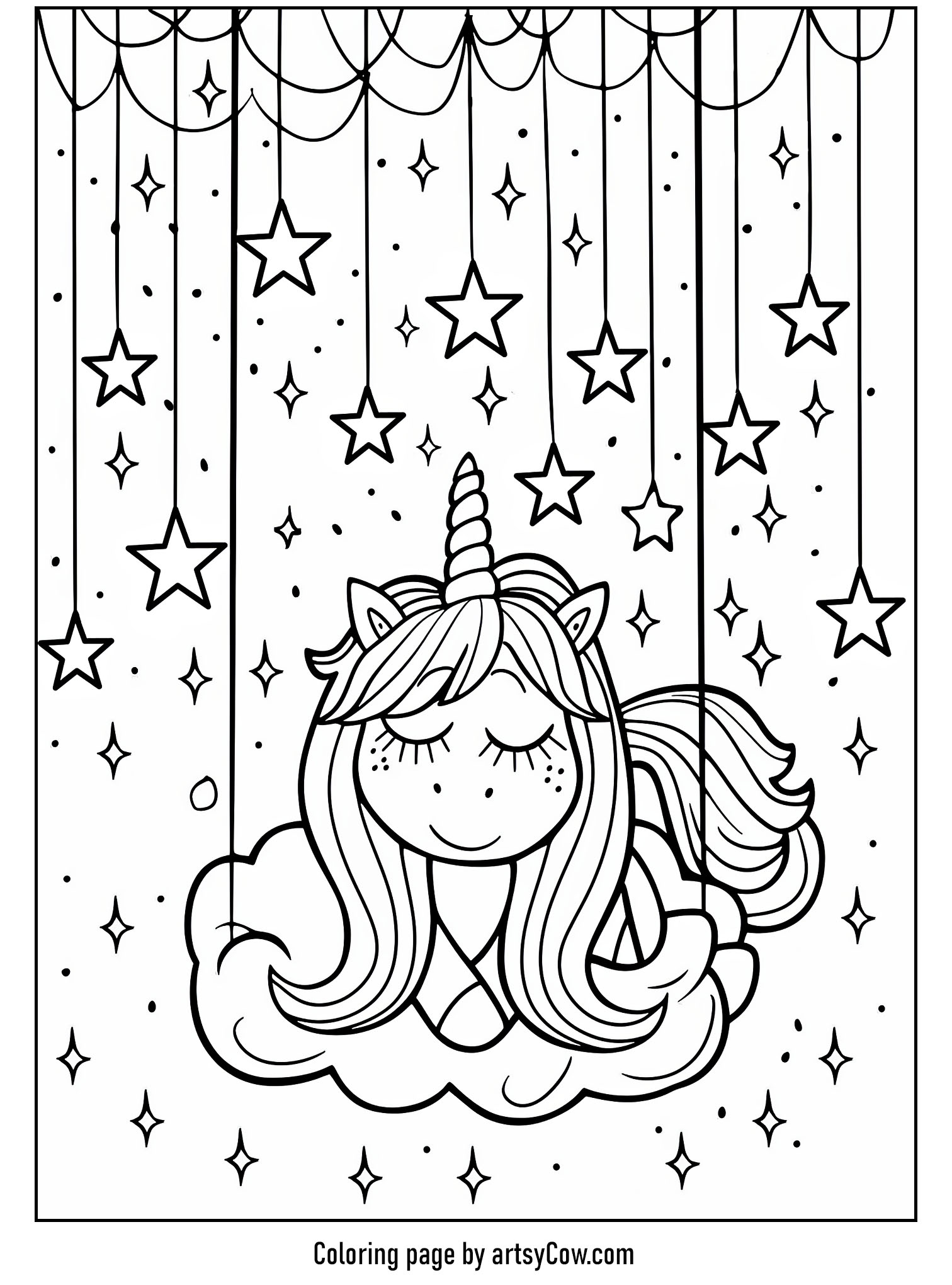 a peaceful unicorn sleeping on a cloud under a starry backdrop